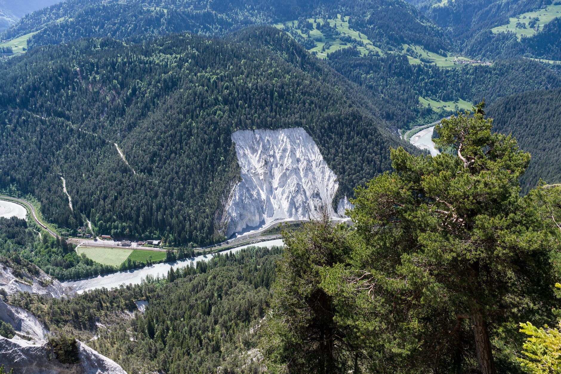 Aerial view of forested Swiss Alps valley โ breathtaking scenery near Verzasca