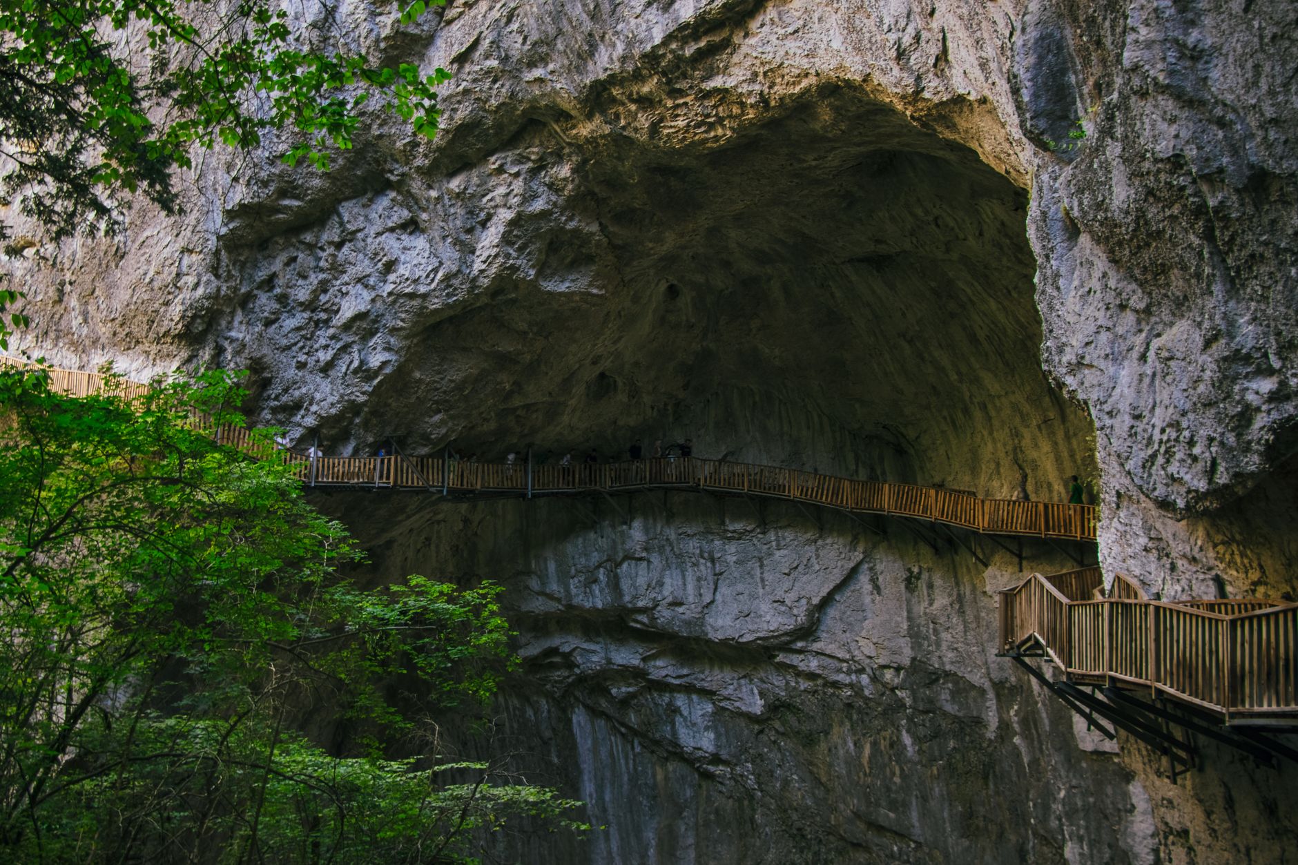 Škocjan Caves' huge underground canyon with the Cerkvenik pedestrian bridge crossing high above the Reka River