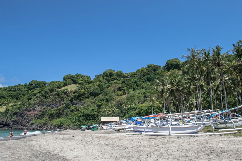 Sunny beach in Bali featuring traditional boats, palm trees, and lush greenery. – Best Time to Visit and How to Get There