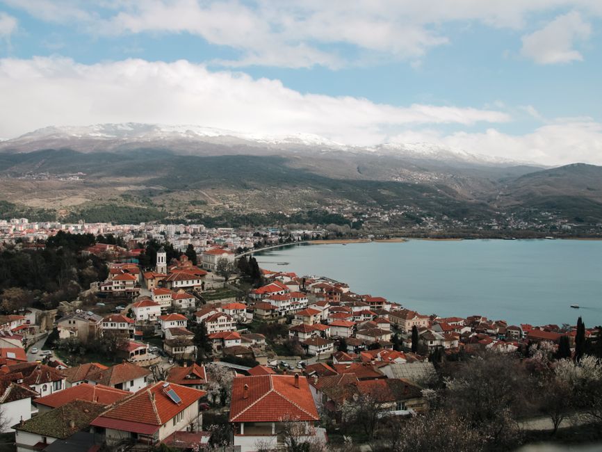 Aerial shot of Ohrid town overlooking Lake Ohrid with mountains in the background, timeless beauty. – 4. North Macedonia: Ohrid and Skopje on a Shoestring