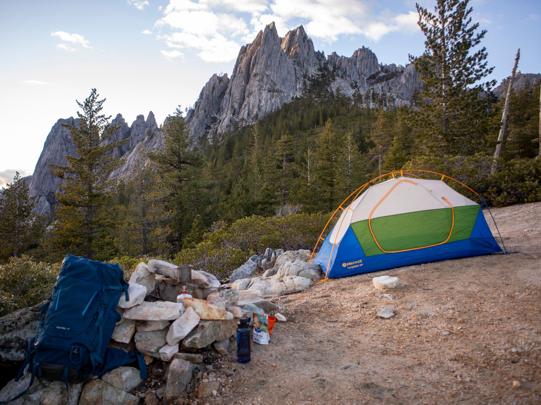 Scenic camping with tent and backpack at Castle Crags State Park, California - wild camping gear, wild camping in Scotland 2026