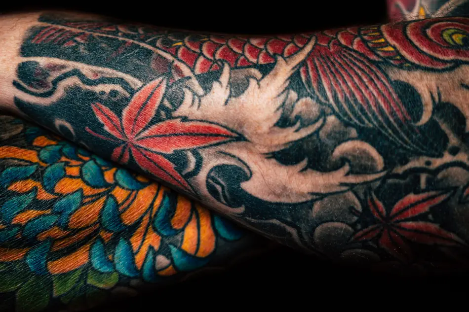 Close-up of a traditional Japanese irezumi sleeve with koi and maple leaves – onsen tattoo rules section, Japan