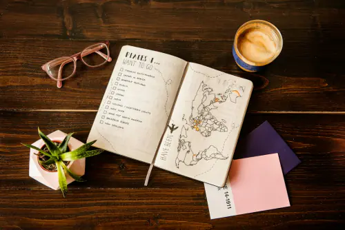 Travel planner notepad with a places-to-go bucket list, world map and coffee on a desk – How to Choose a Policy: What to Compare